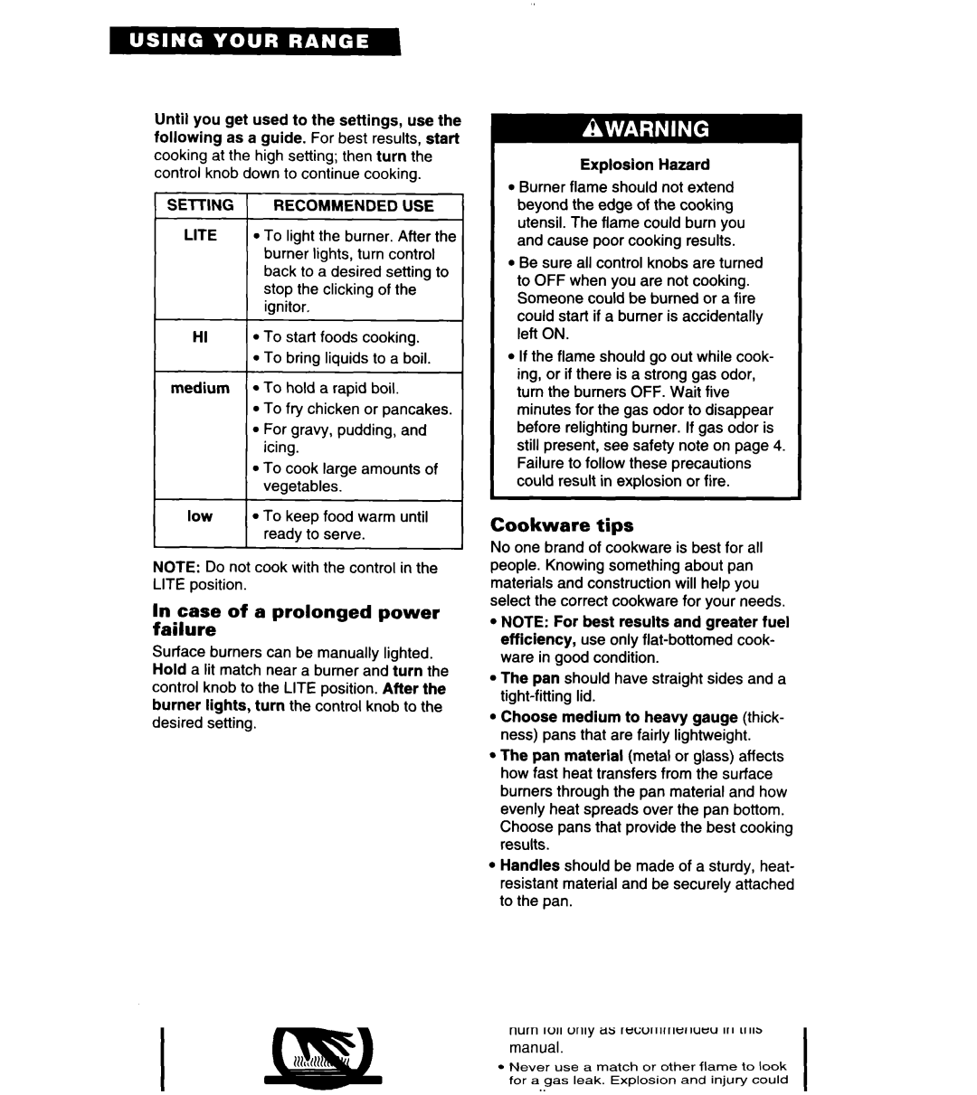 Whirlpool SF378PEW warranty Case of a prolonged power failure, Cookware tips, Recommended USE 