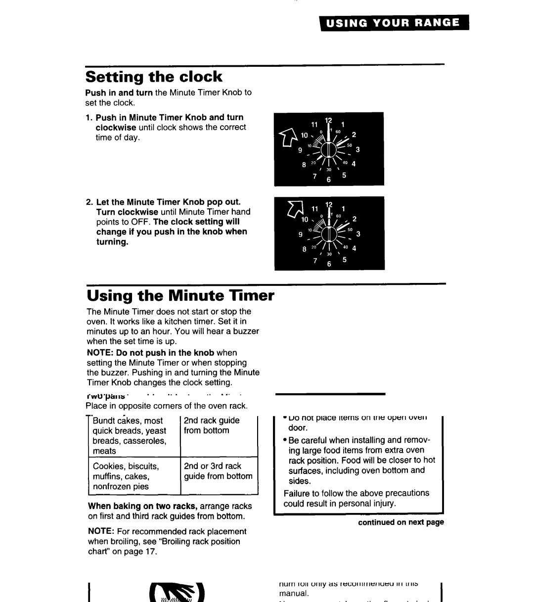 Whirlpool SF378PEW warranty Setting the clock, Using the Minute limer 