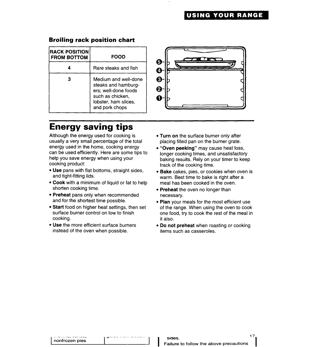 Whirlpool SF378PEW warranty Energy saving tips, Broiling rack, Position chart, Food 