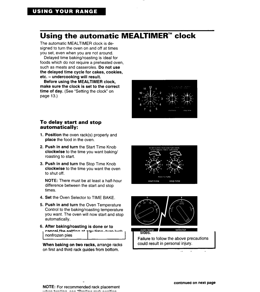 Whirlpool SF378PEW warranty Using the automatic MEALTIMER’ clock, To delay start and stop automatically 