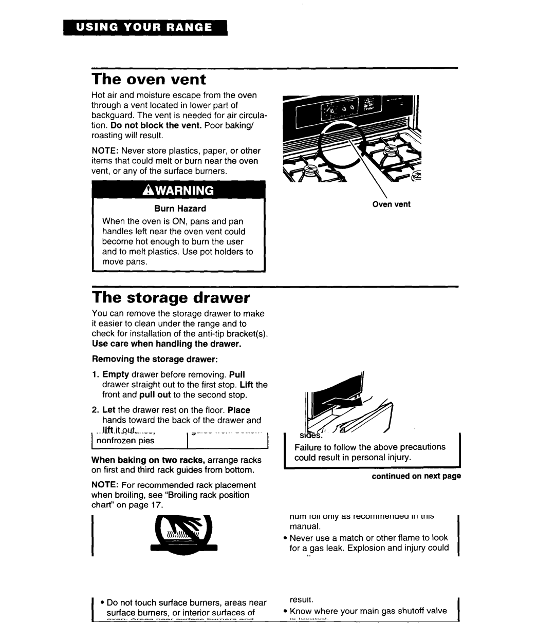 Whirlpool SF378PEW warranty Oven vent, Storage drawer 