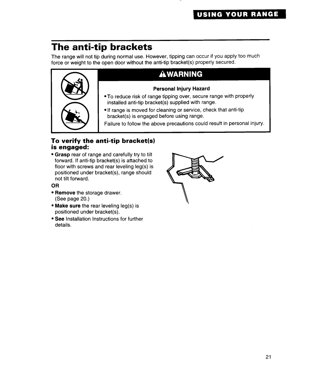 Whirlpool SF378PEW warranty Anti-tip brackets, To verify the anti-tip brackets is engaged 