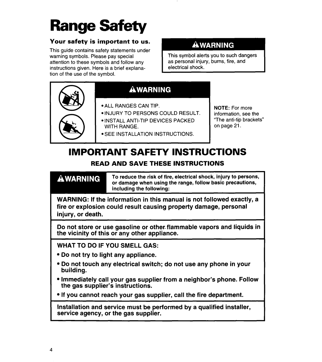 Whirlpool SF378PEW warranty Range Safety, Your safety is important to us, ALL Ranges can TIP, See Installation Instructions 