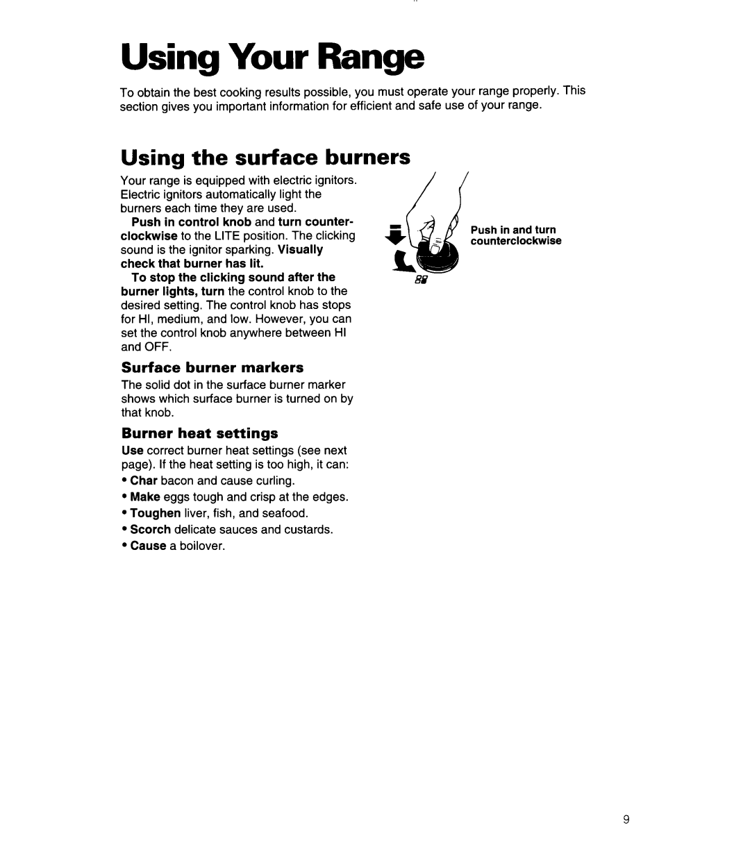 Whirlpool SF378PEW warranty Using Your Range, Using the surface burners, Surface burner markers, Burner heat settings 