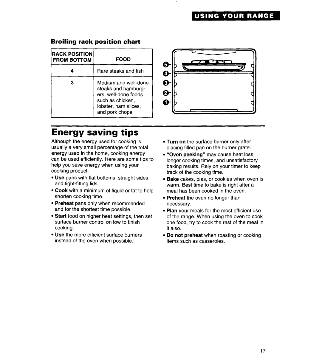Whirlpool SF378PEW warranty Energy saving tips, Broiling rack, position chart 