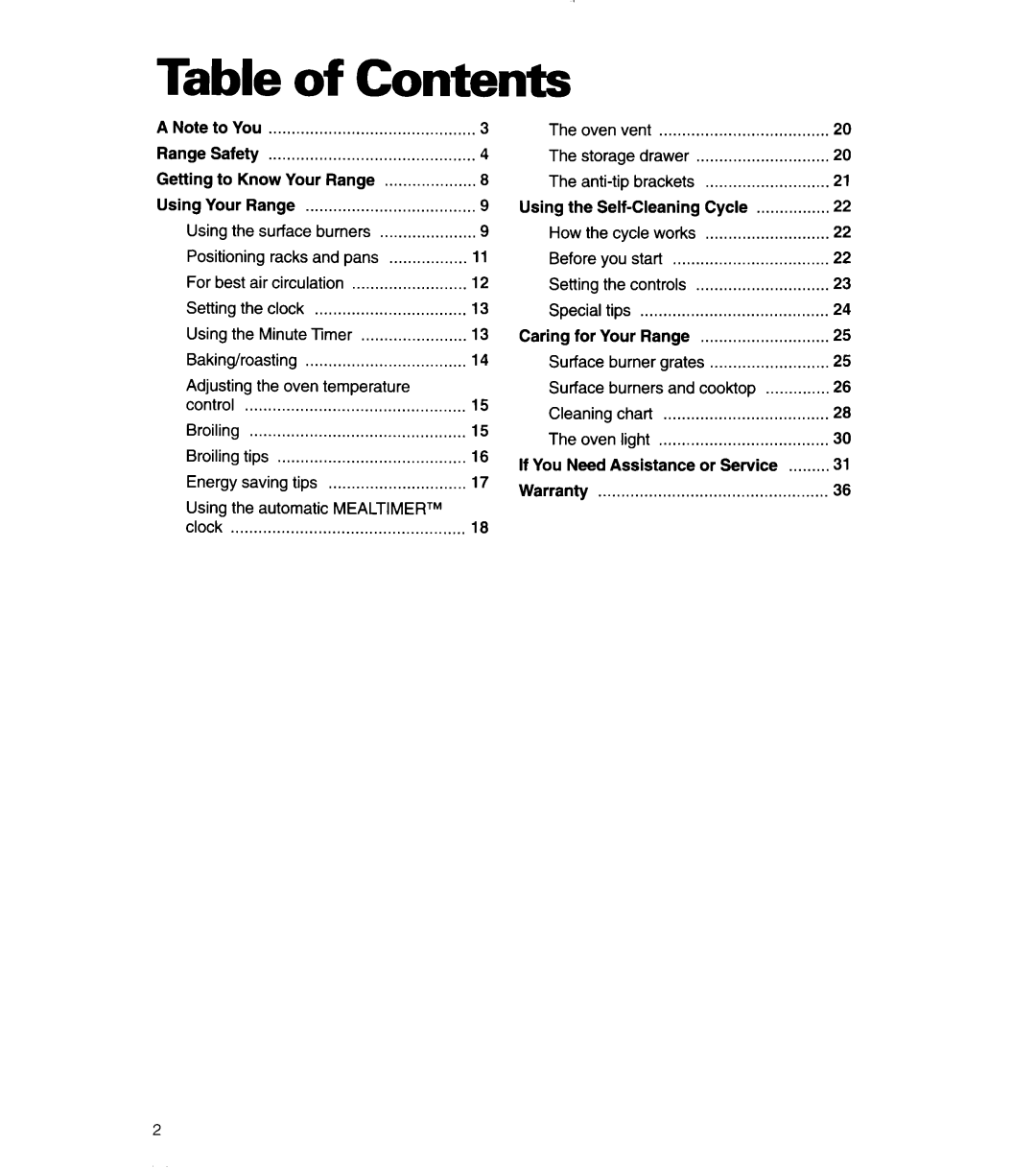 Whirlpool SF378PEW warranty Table of Contents 