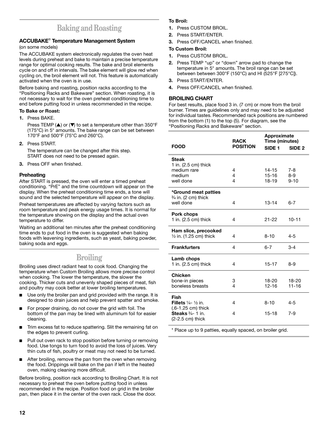 Whirlpool SF380LEK, SF379LEK manual Baking and Roasting, Broiling, Accubake Temperature Management System, Preheating 