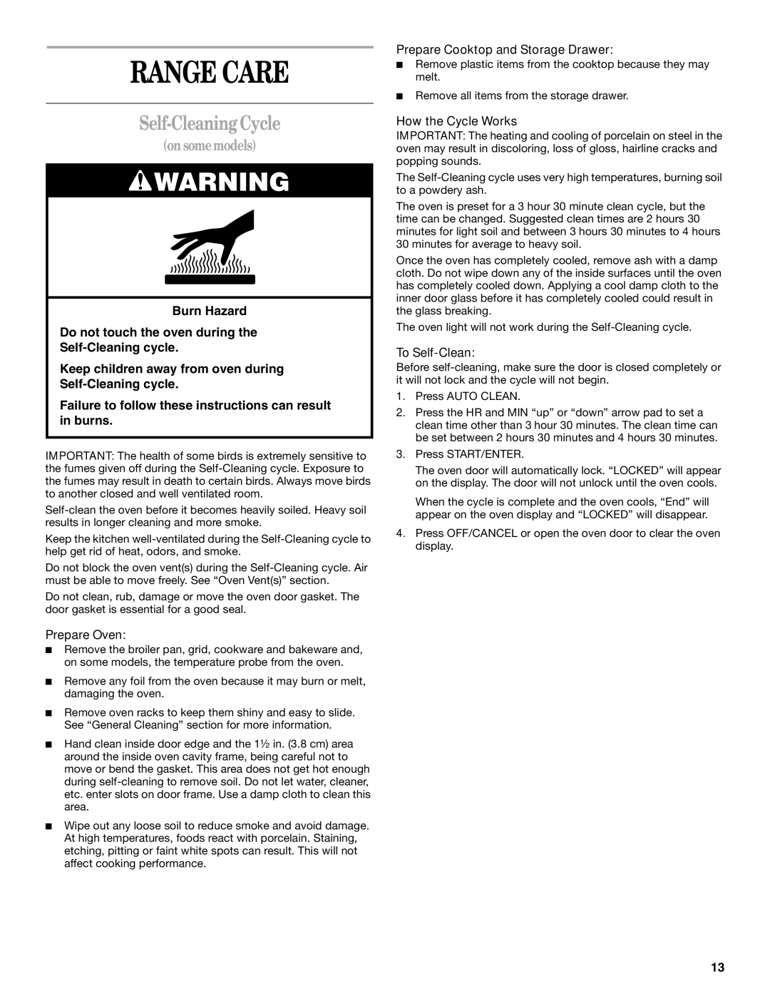 Whirlpool SF379LEK, SF380LEK manual Range Care, Self-CleaningCycle 