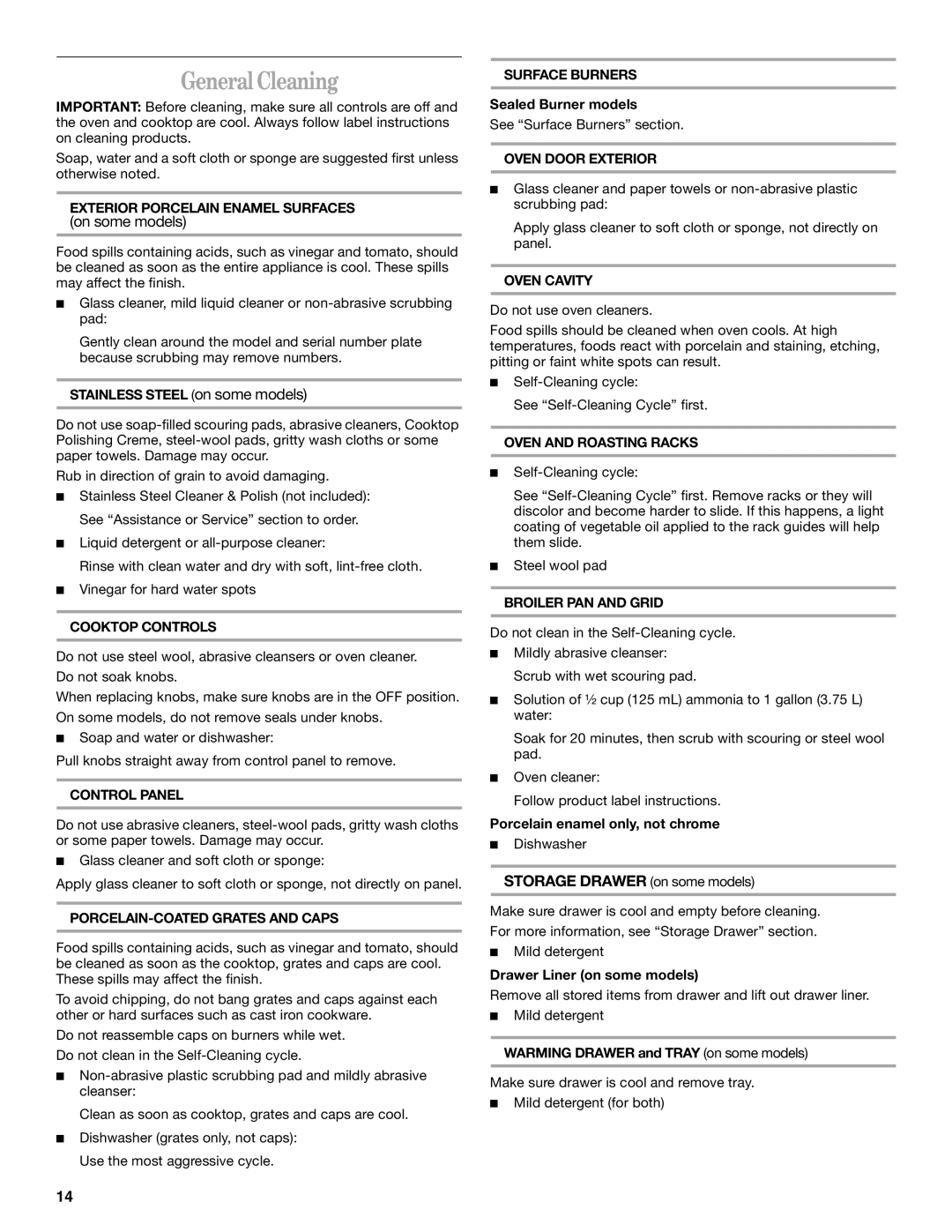 Whirlpool SF380LEK, SF379LEK manual General Cleaning 