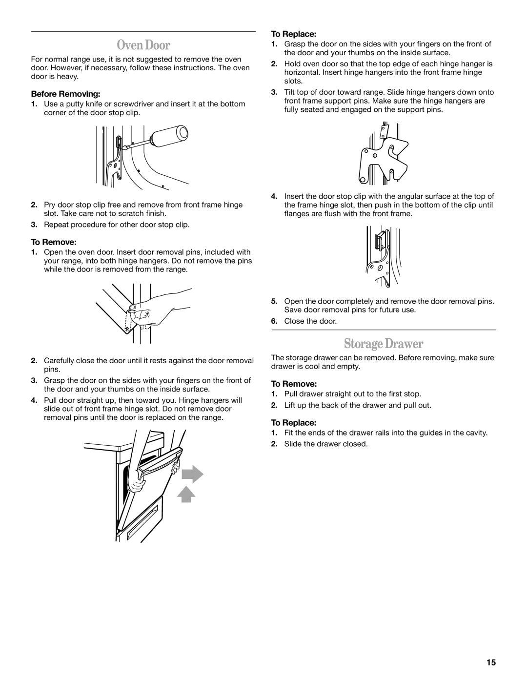 Whirlpool SF379LEK, SF380LEK manual Oven Door, Storage Drawer, Before Removing, To Remove, To Replace 