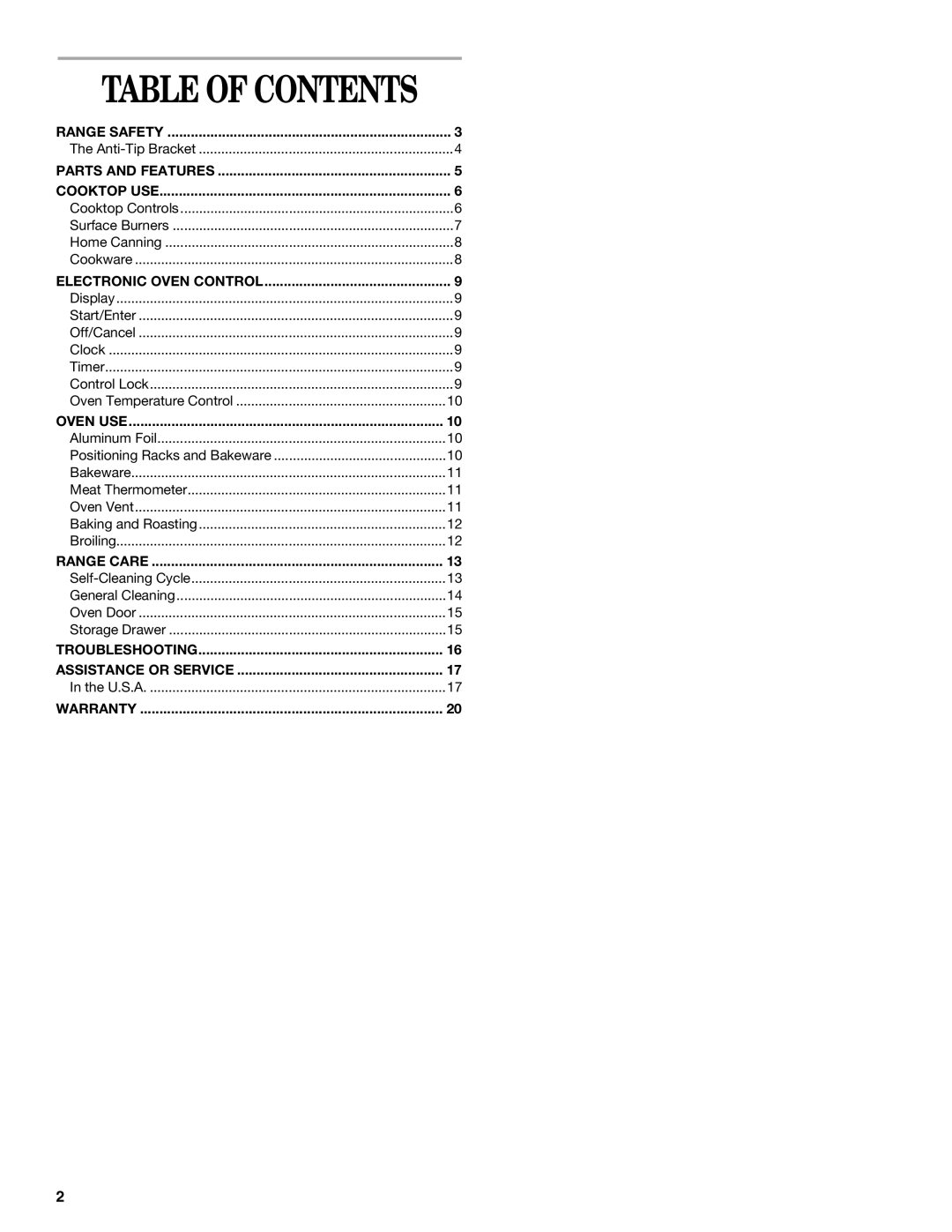 Whirlpool SF380LEK, SF379LEK manual Table of Contents 