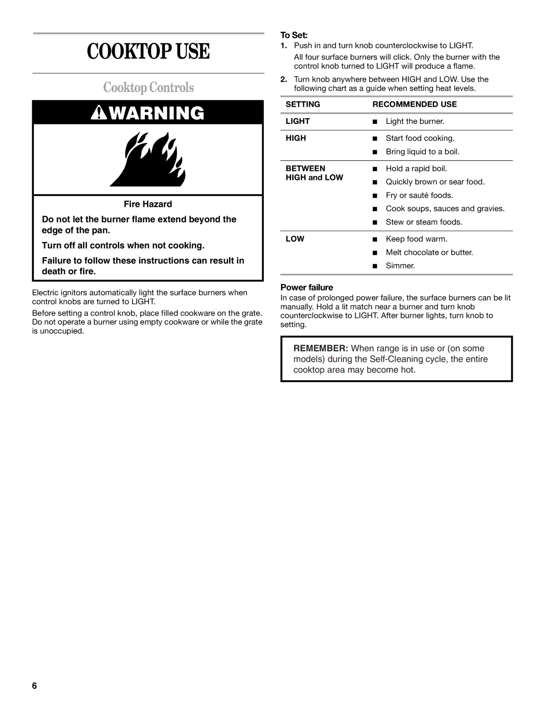 Whirlpool SF380LEK, SF379LEK manual Cooktop USE, Cooktop Controls, To Set, Power failure 