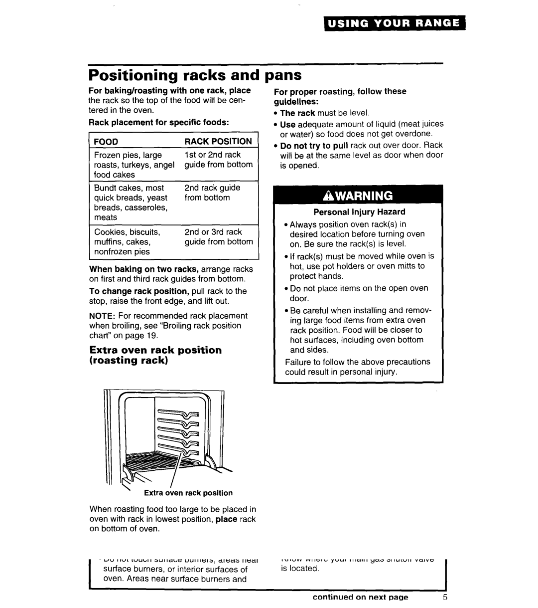 Whirlpool SF380PEW warranty Positioning racks, Pans, Extra oven rack position Roasting rack, Food 