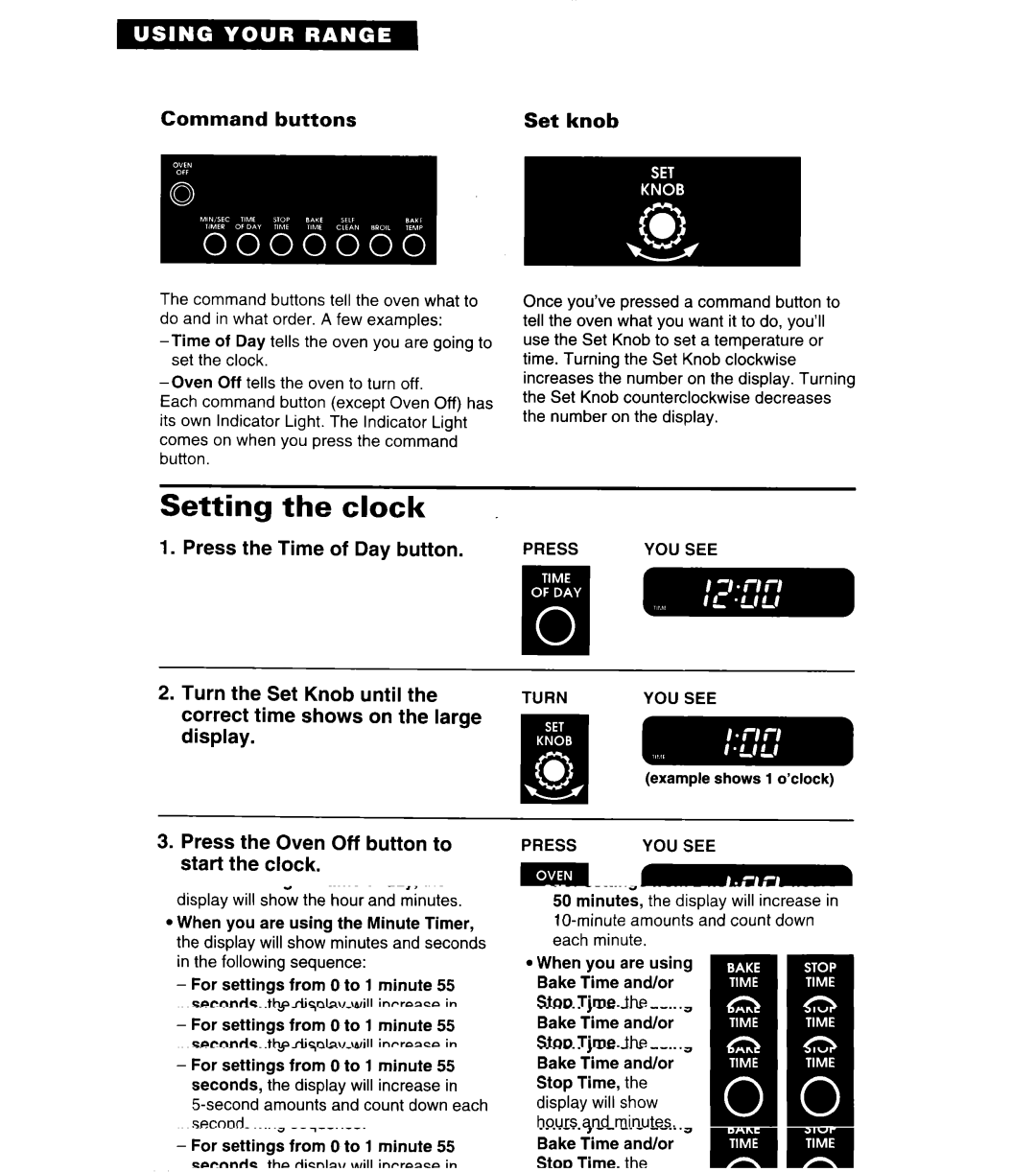 Whirlpool SF380PEW warranty Setting Clock, Press the Time of Day button, Command buttons 