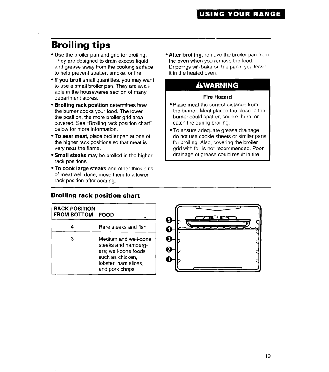 Whirlpool SF380PEW warranty Broiling tips, Rack Position Chart, Rack Position From 