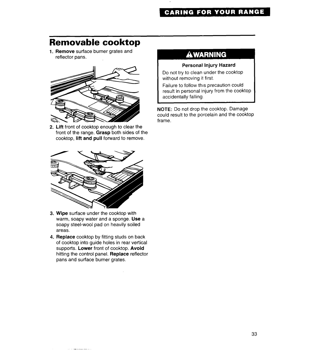 Whirlpool SF380PEW warranty Removable cooktop 