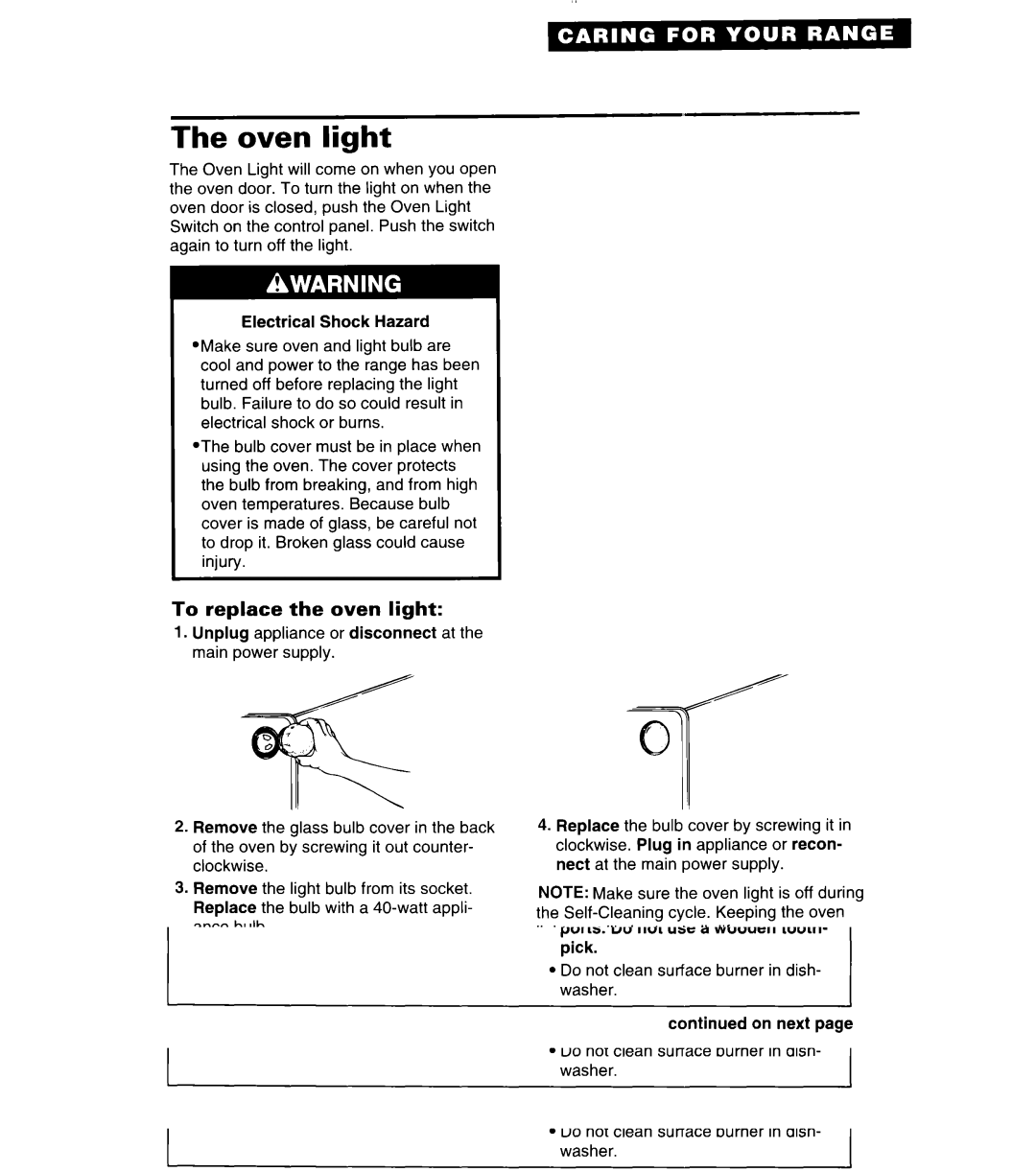 Whirlpool SF380PEW warranty Oven light, To replace the oven light 