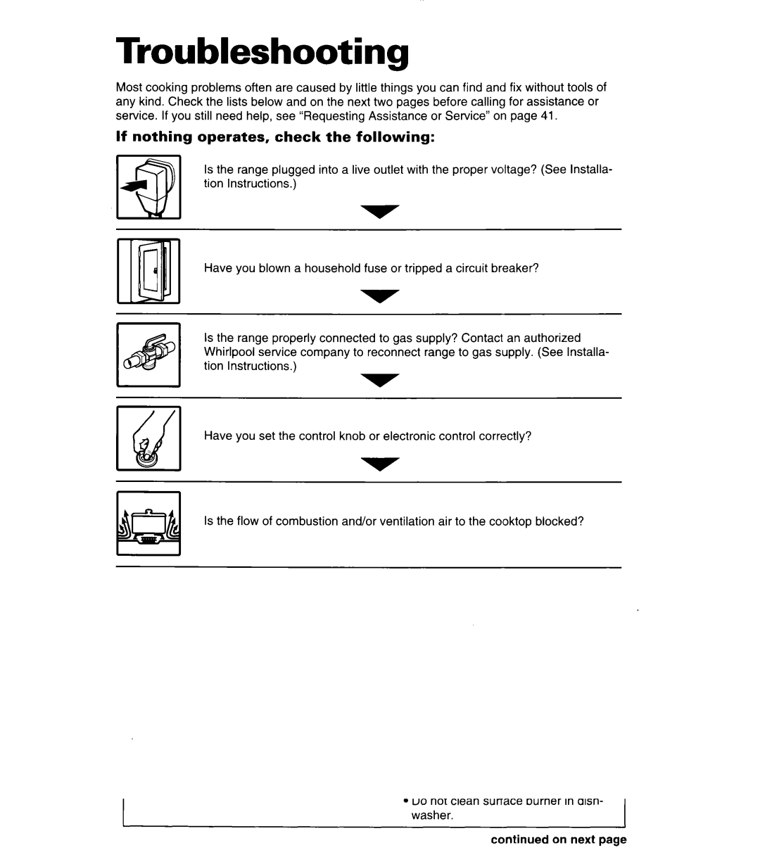 Whirlpool SF380PEW warranty Troubleshooting, If nothing operates, check the following 