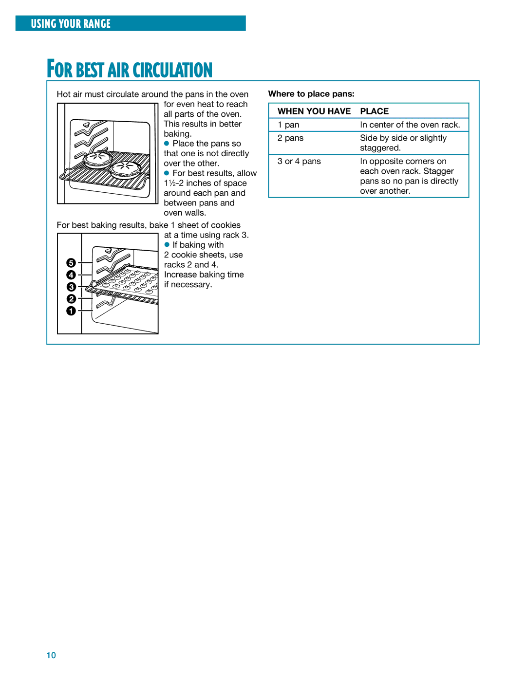 Whirlpool SF385PEE warranty For Best AIR Circulation, Where to place pans, When YOU have Place 