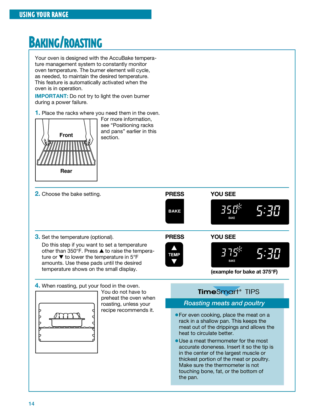 Whirlpool SF385PEE warranty Baking/Roasting, Roasting meats and poultry, Example for bake at 375F 