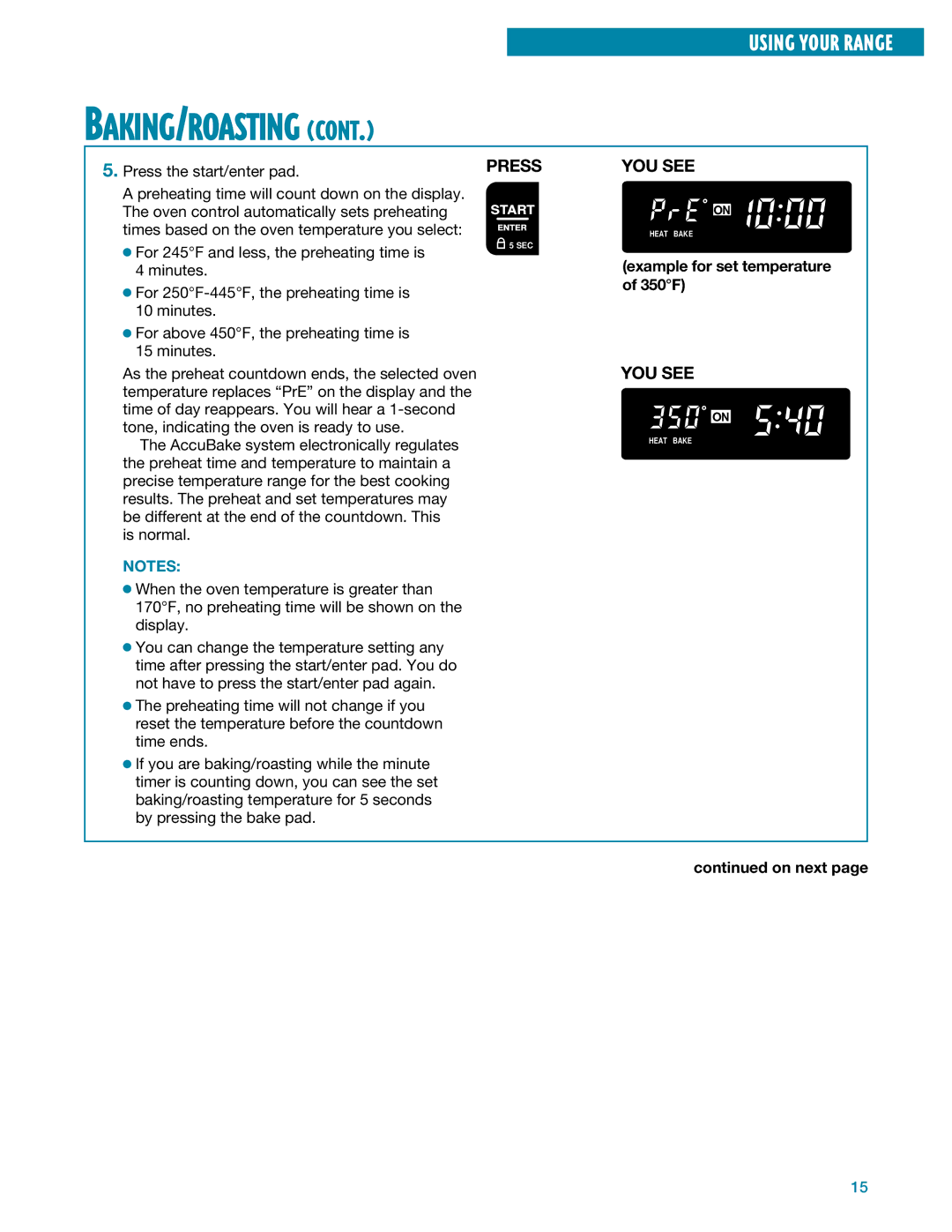 Whirlpool SF385PEE warranty Example for set temperature of 350F, On next 