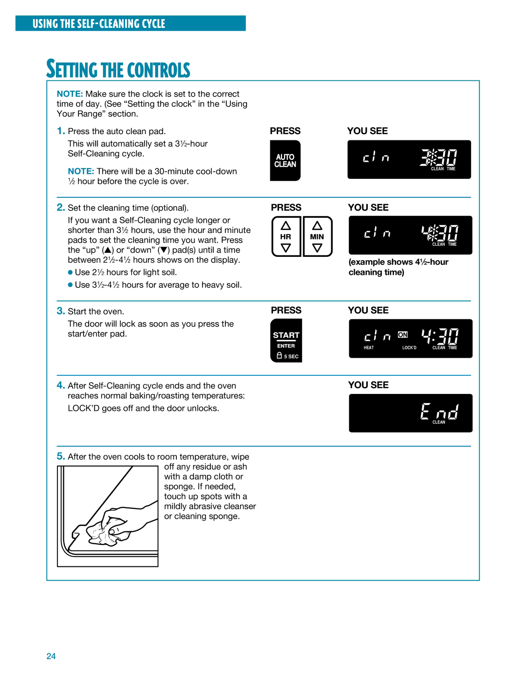 Whirlpool SF385PEE warranty Setting the Controls, Example shows 41⁄2-hour cleaning time 