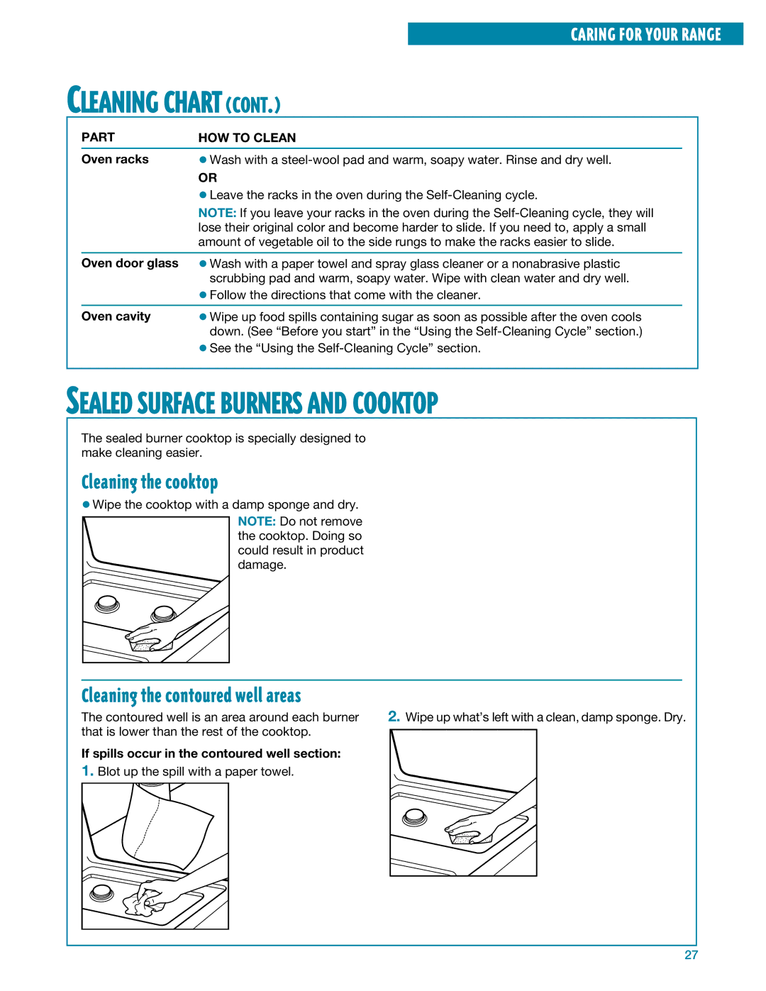 Whirlpool SF385PEE warranty Cleaning the cooktop, Cleaning the contoured well areas 