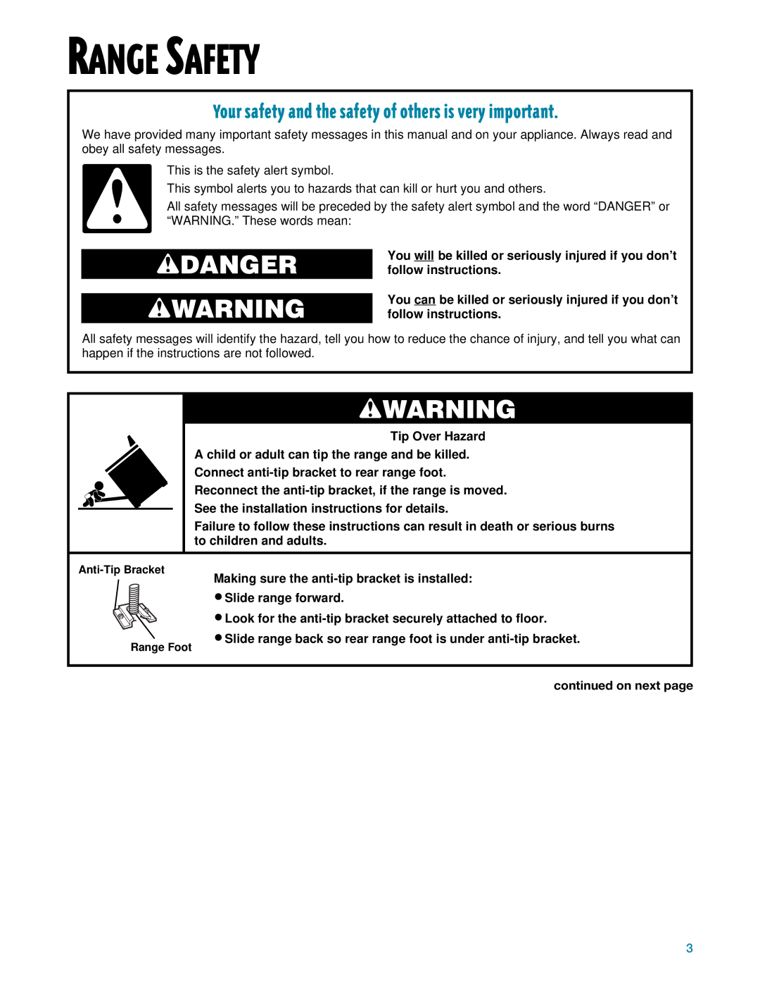 Whirlpool SF385PEE warranty Range Safety, On next 