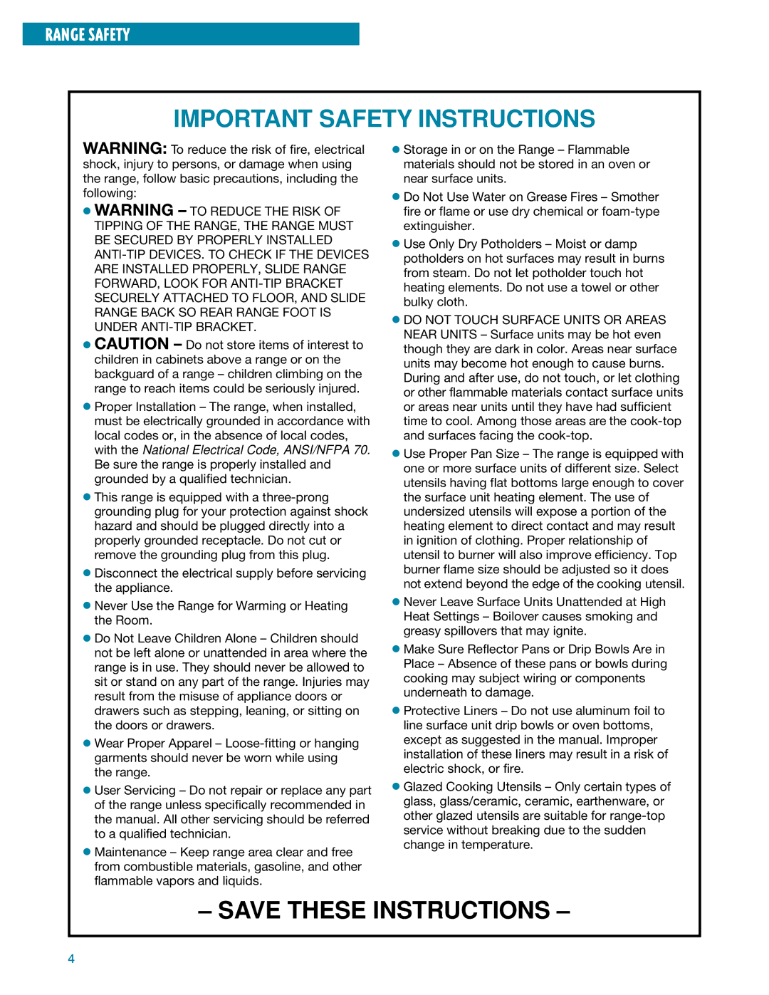 Whirlpool SF385PEE warranty Important Safety Instructions 