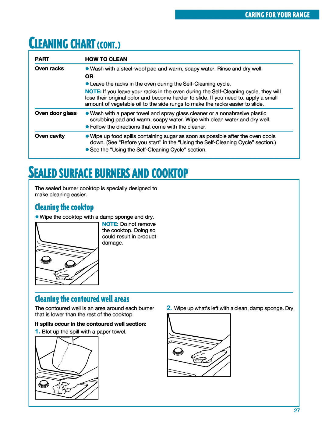 Whirlpool SF385PEE Cleaning Chart Cont, Sealed Surface Burners And Cooktop, Cleaning the cooktop, Caring For Your Range 