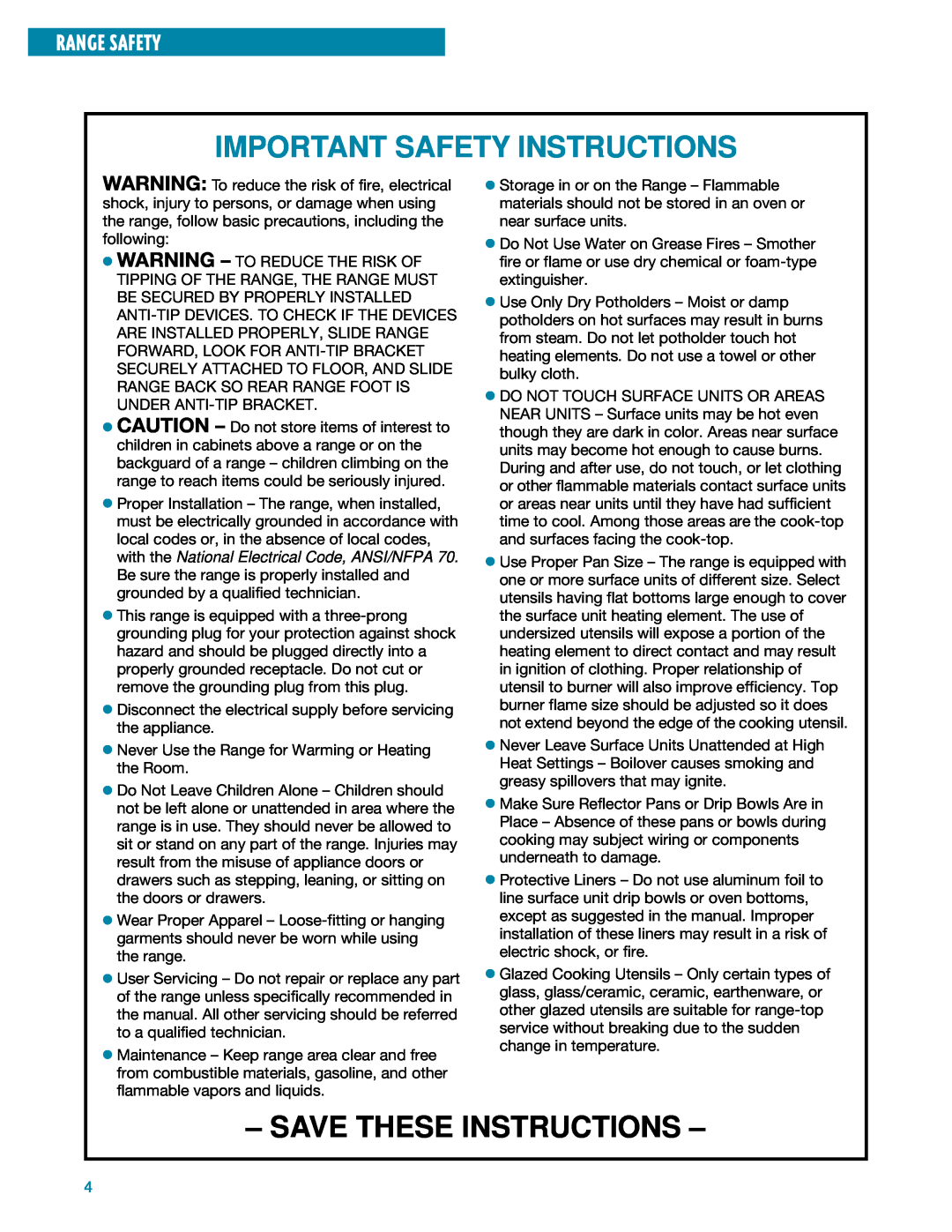 Whirlpool SF385PEE warranty Important Safety Instructions, Save These Instructions, Range Safety 