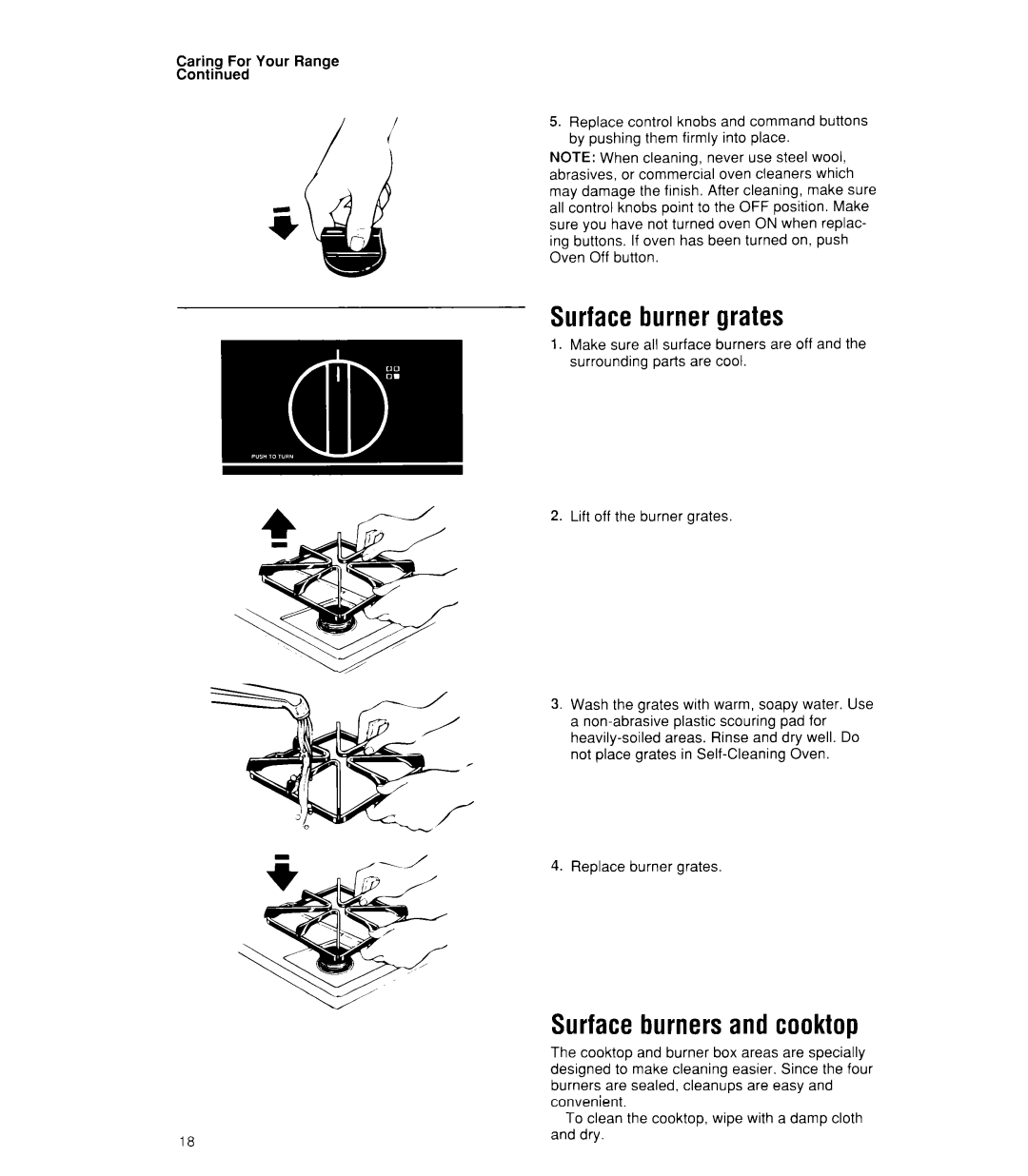 Whirlpool SF385PEW, SF386PEW manual Surface burner grates, Surface burners and cooktop 