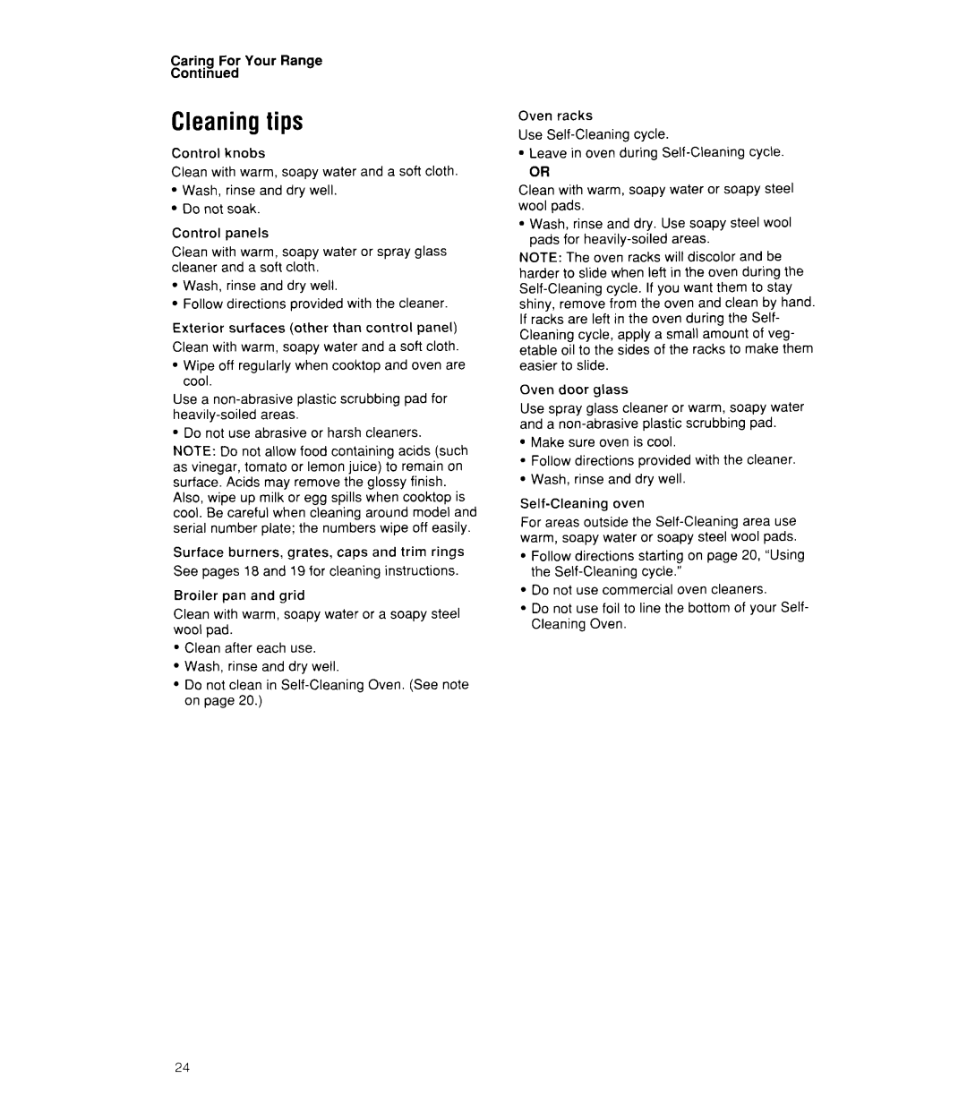 Whirlpool SF385PEW, SF386PEW manual Cleaning tips 