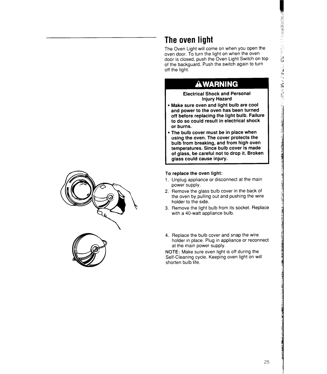 Whirlpool SF386PEW, SF385PEW manual Oven light 