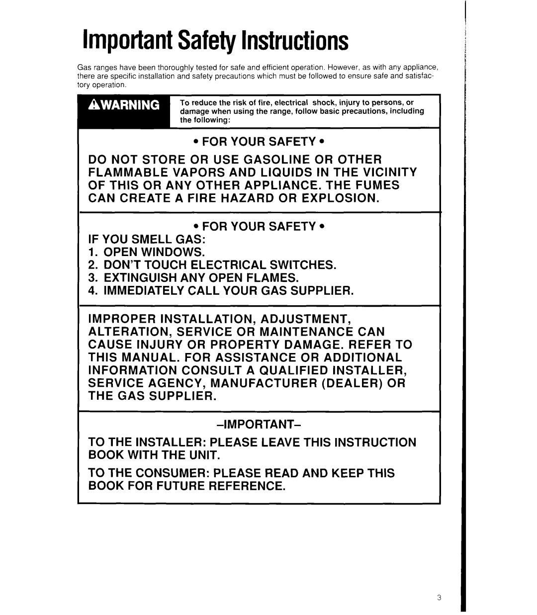 Whirlpool SF386PEW, SF385PEW manual ImportantSafetyInstructions 