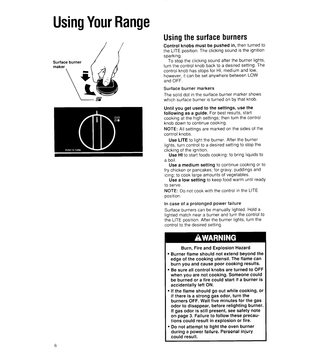 Whirlpool SF385PEW, SF386PEW manual UsingYourRange, Using the surface burners 