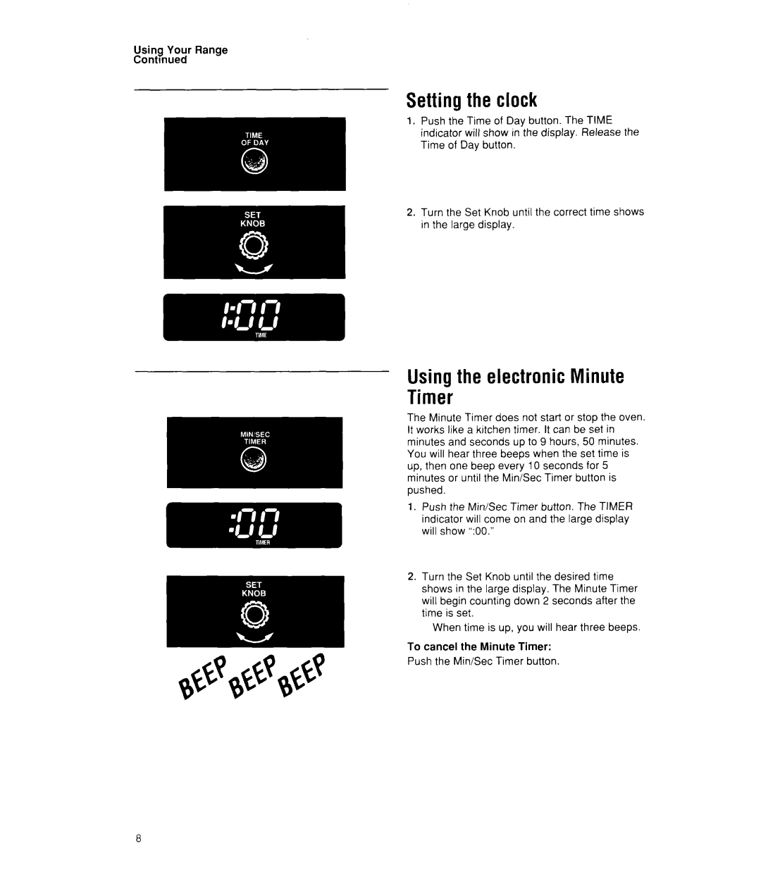 Whirlpool SF385PEW, SF386PEW manual Setting the clock, Using the electronic Minute Timer 