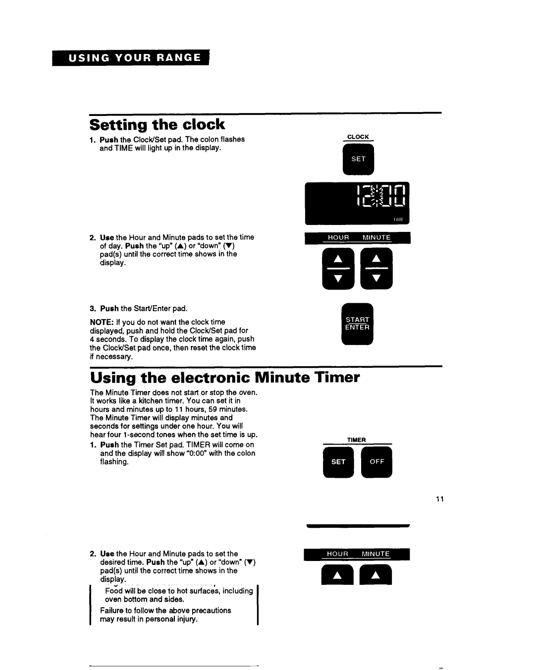 Whirlpool SF385PEY manual Setting the clock, Using the electronic Minute Timer 