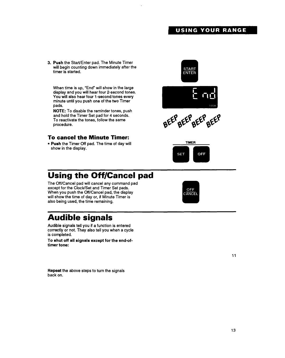 Whirlpool SF385PEY manual Using the Off/Cancel pad, Audible signals, To cancel the Minute Timer, Show Display 