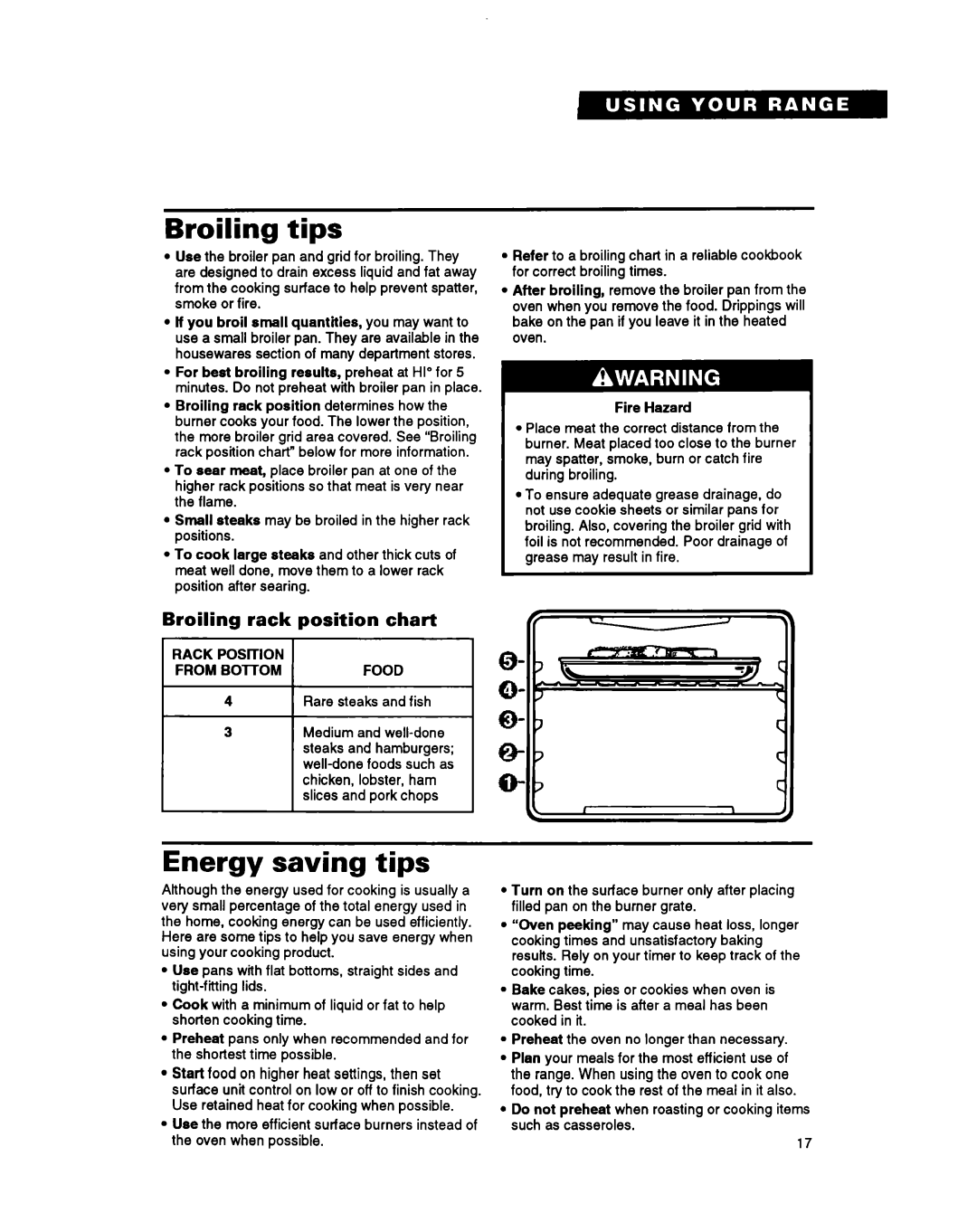 Whirlpool SF385PEY manual Broiling tips, Energy saving tips, Rack Position Chart, Q- a 