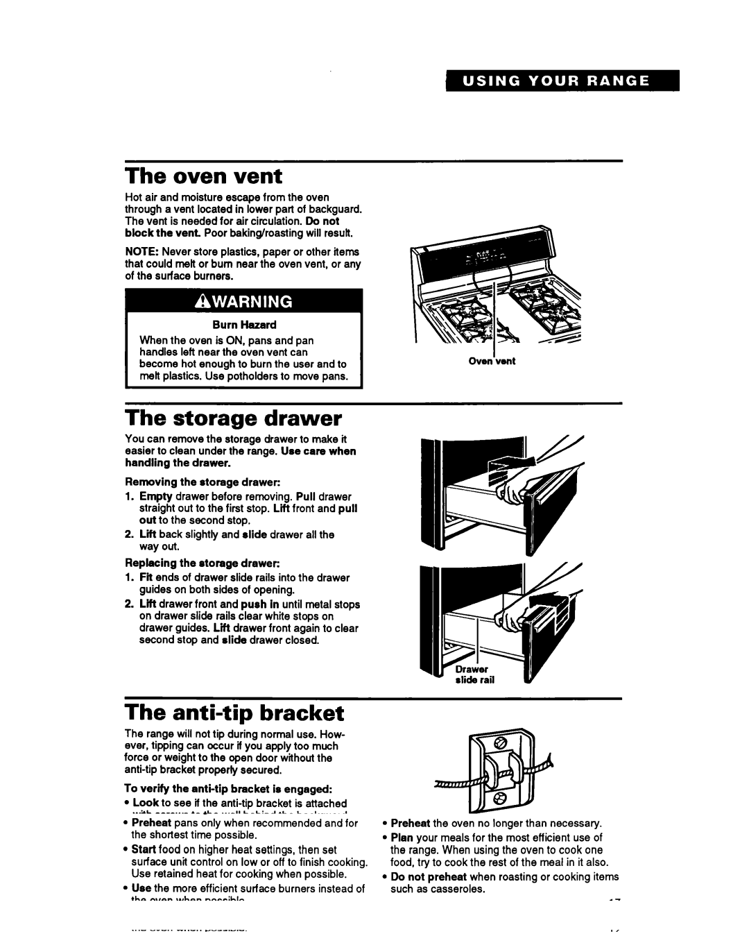 Whirlpool SF385PEY Oven vent, Storage drawer, Anti-tip bracket, Burn Hazard, To verify the anti-tip bracket is engaged 