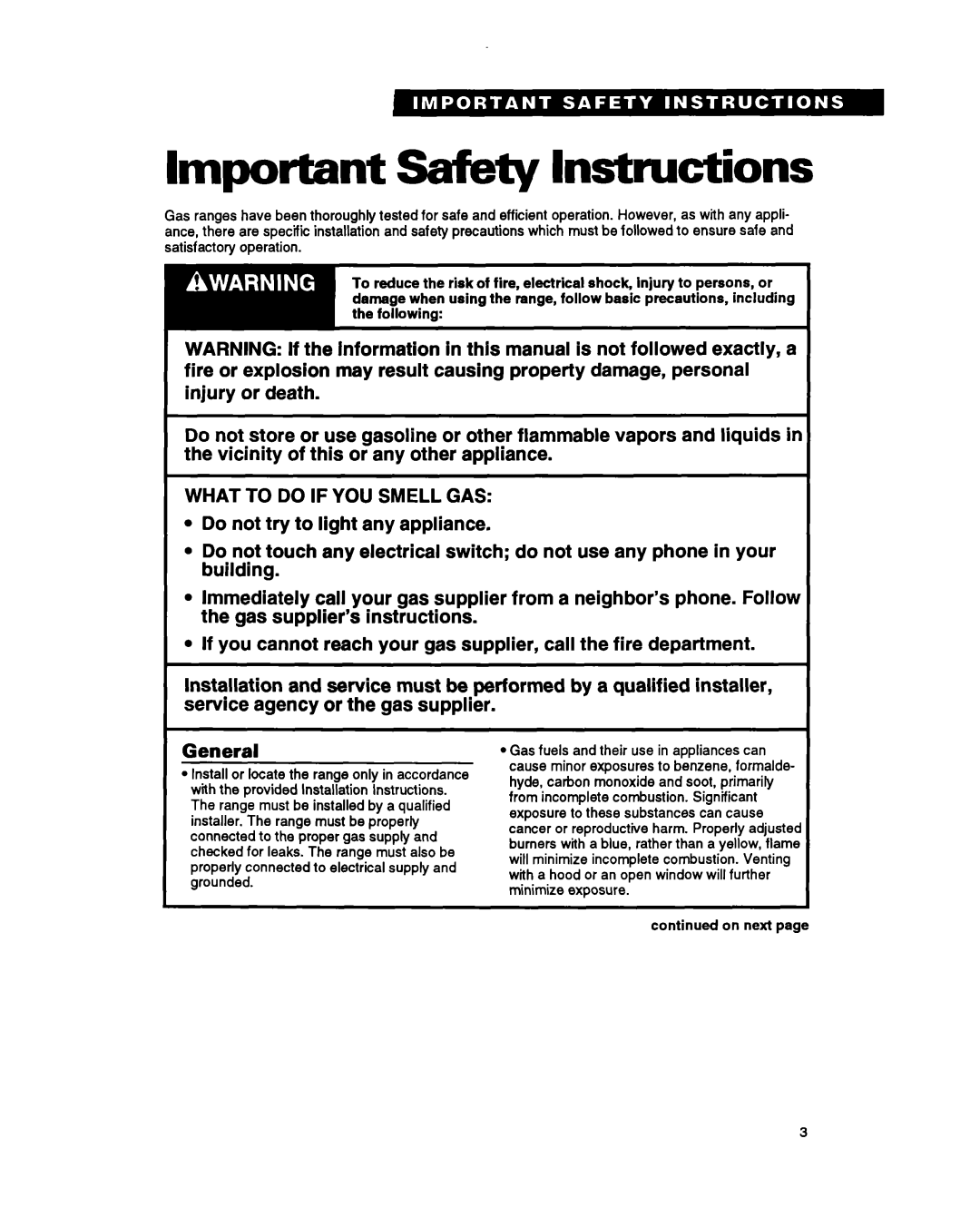 Whirlpool SF385PEY manual Important safety Instructions, General, On next 