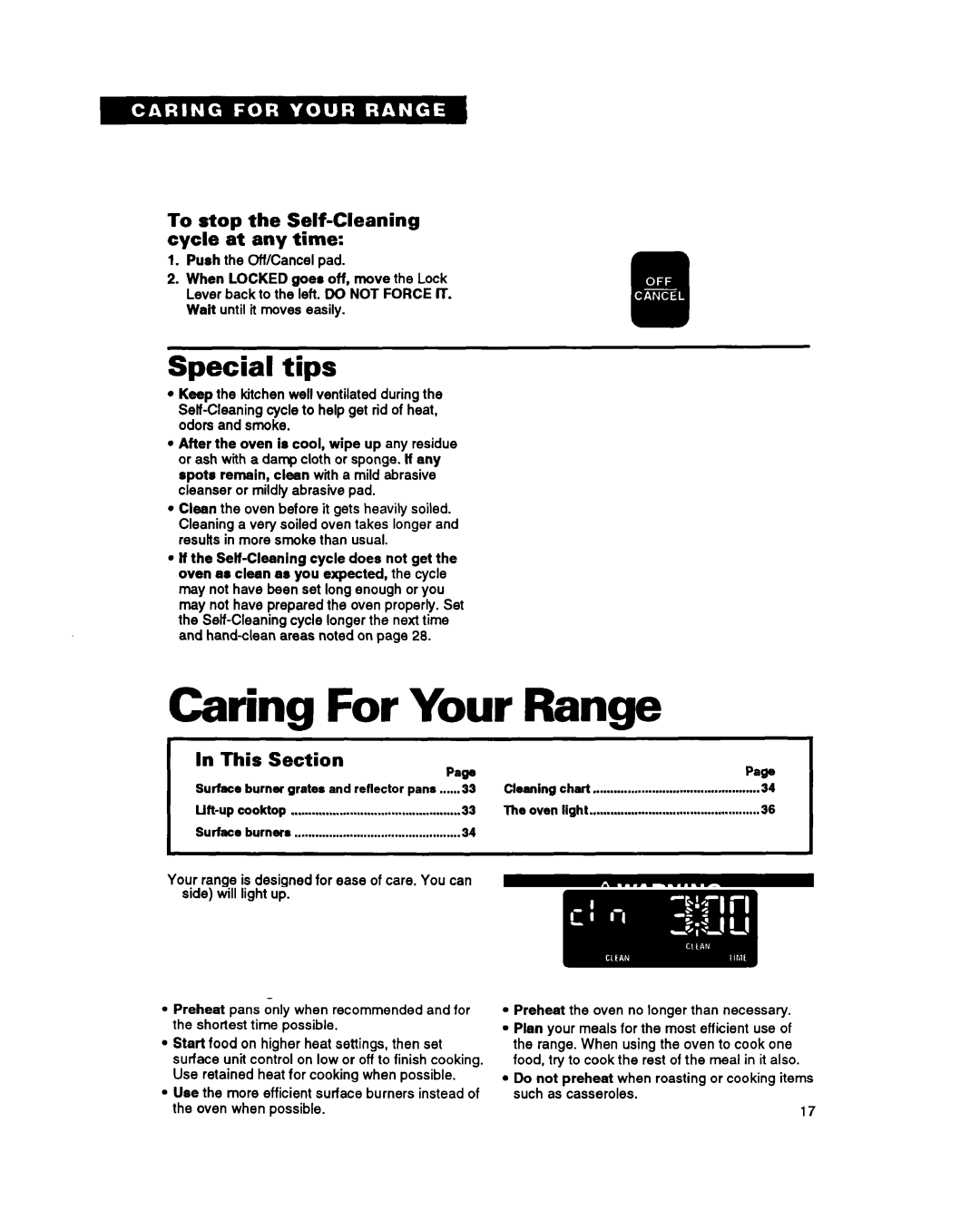 Whirlpool SF385PEY manual Caring For Your, Range, Special tips, To stop the Self-Cleaning cycle at any time 