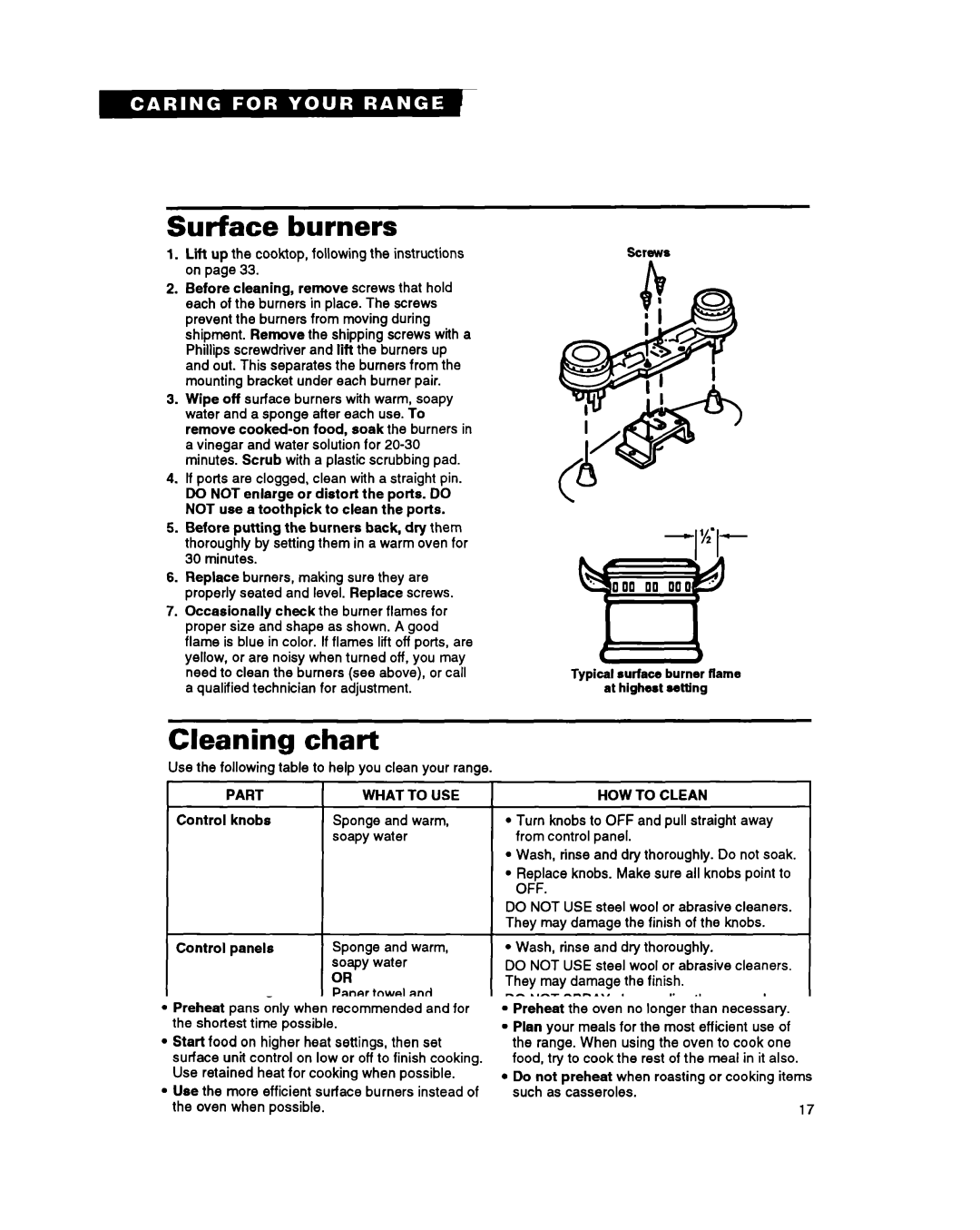 Whirlpool SF385PEY manual Surface burners, Cleaning chart, Part, HOW to Clean 