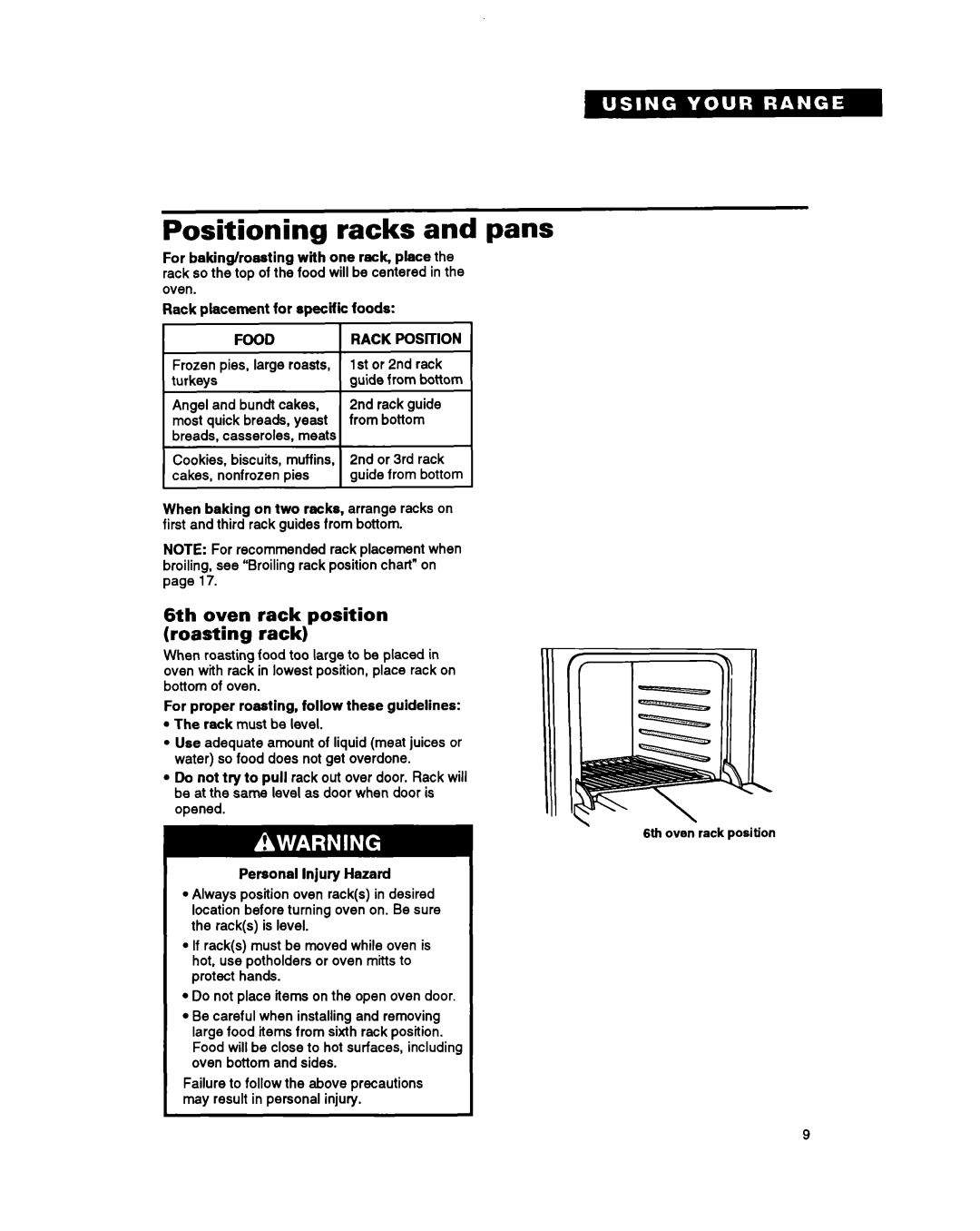 Whirlpool SF385PEY manual Positioning racks and pans, 6th oven rack position Roasting rack, Food 