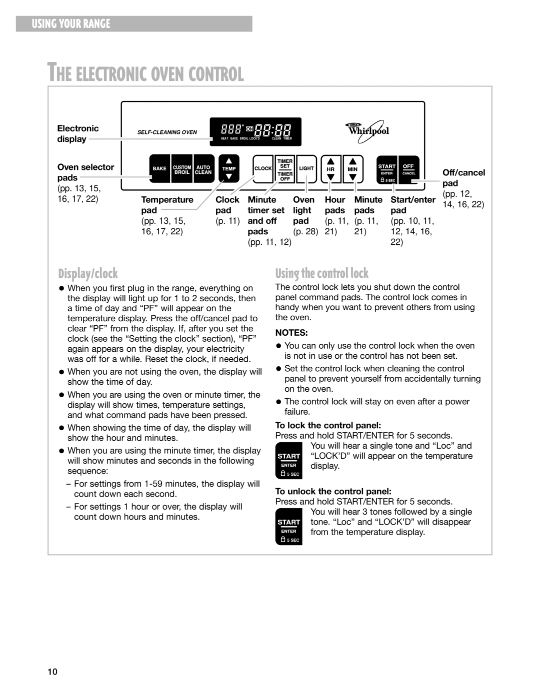 Whirlpool SF387LEG, SF385PEG warranty Electronic Oven Control, Display/clock, Using the control lock 