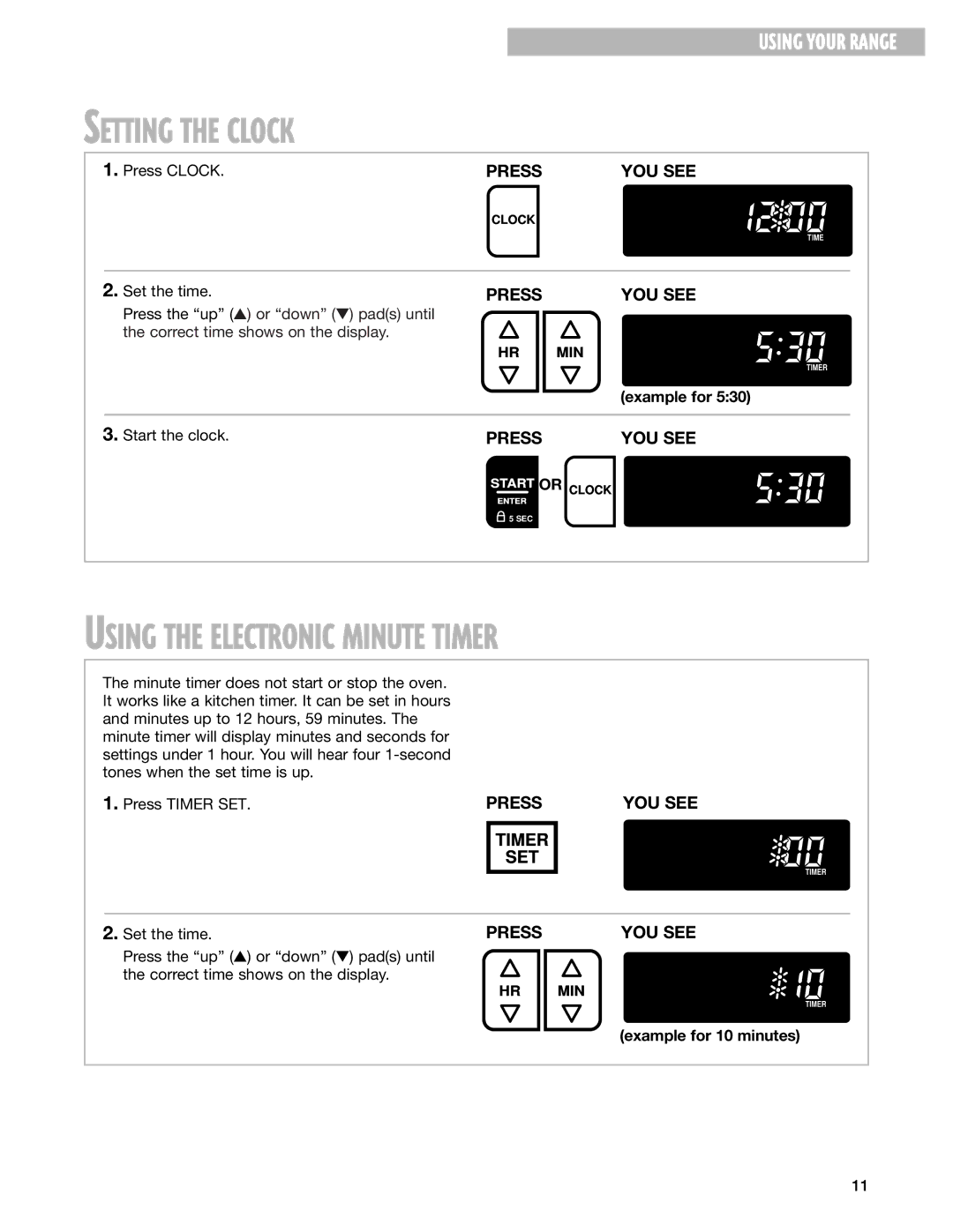 Whirlpool SF385PEG, SF387LEG warranty Setting the Clock, Using the Electronic Minute Timer, Example for 10 minutes 