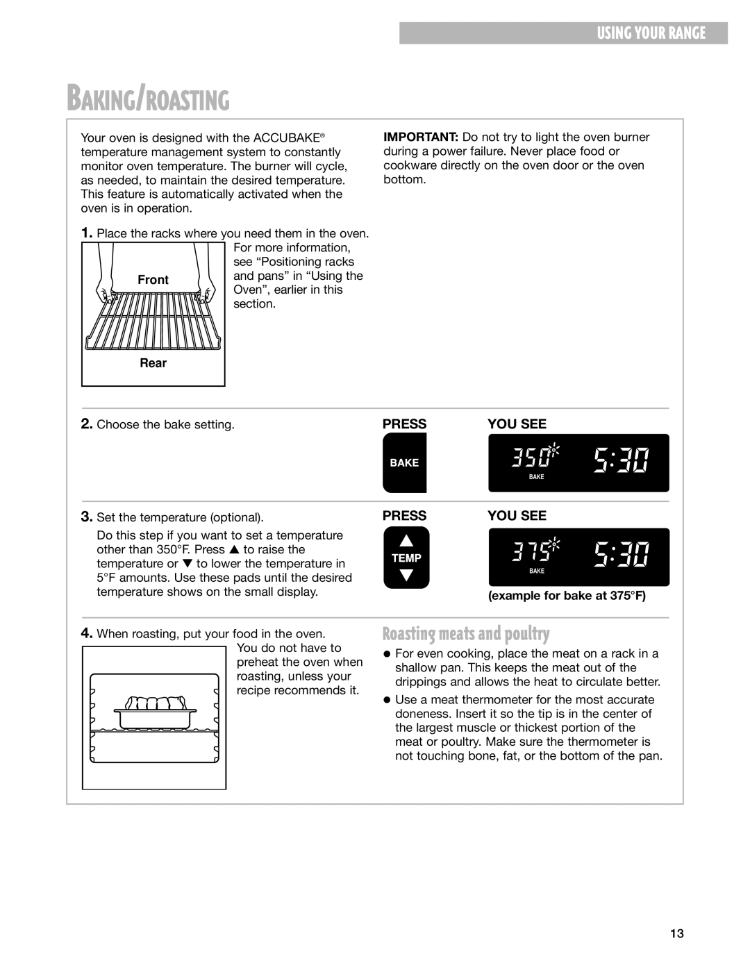 Whirlpool SF385PEG, SF387LEG warranty Baking/Roasting, Roasting meats and poultry, Front, Rear, Example for bake at 375F 