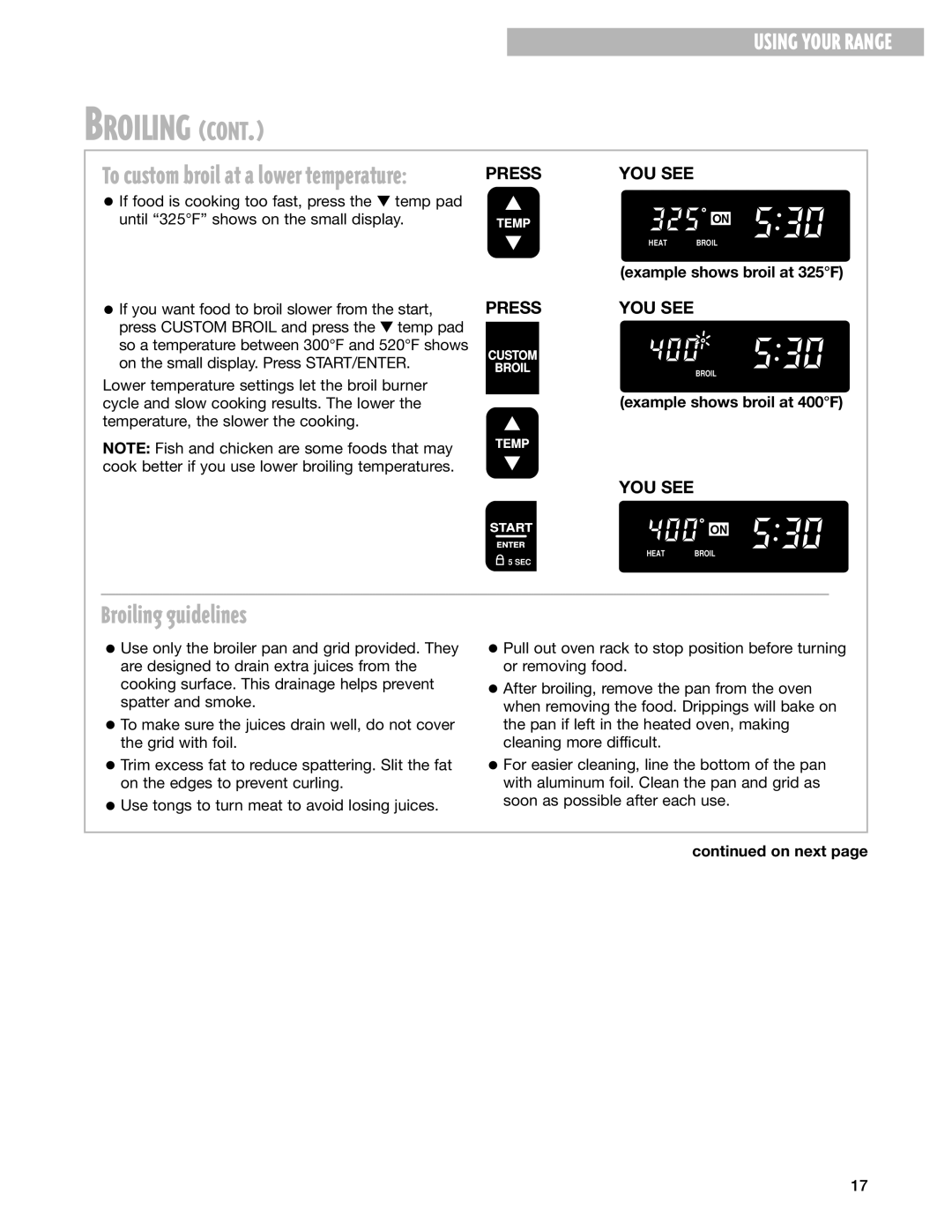 Whirlpool SF385PEG, SF387LEG warranty Broiling guidelines, Example shows broil at 325F, Example shows broil at 400F 