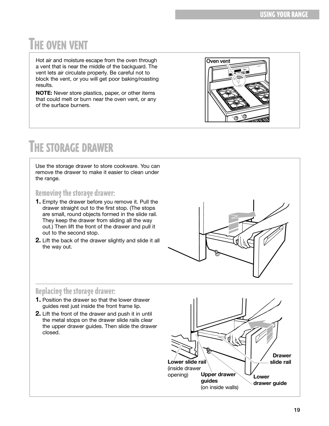 Whirlpool SF385PEG, SF387LEG warranty Oven Vent, Storage Drawer, Removing the storage drawer, Replacing the storage drawer 